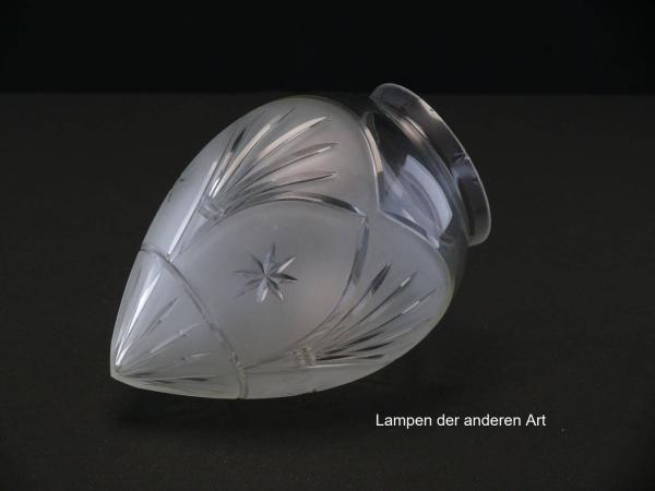 Jugendstil Lampenschirm gebraucht, antik, Glas grau satiniert, Zapfenform, mit Schliffmotiven verzierte Oberfläche, Nostalgie Ersatzglas D: ca.11cm, H: ca.16cm, Glashalter Griffrand ø8cm, seitlich