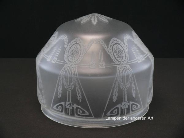 Jugendstil Lampenschirm gebraucht, schüsselförmiges Kuppelglas, kantige Wandung, umlaufend mit geätzten Motiven verziert, Nostalgie Ersatzglas, D: ca.21cm, H: ca.16cm, Glashalter Griffrand Ø20cm
