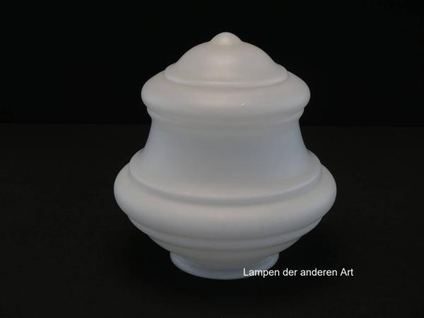Jugendstil Lampenschirm gebraucht, Glas weiß satiniert, rauher Grund, mittig geschnürt, oberer und unterer Teil jeweils mehrfach gestuft, Nostalgie Ersatzglas, D: ca.20cm, H: ca.19cm, Glashalter Griffrand Ø10cm