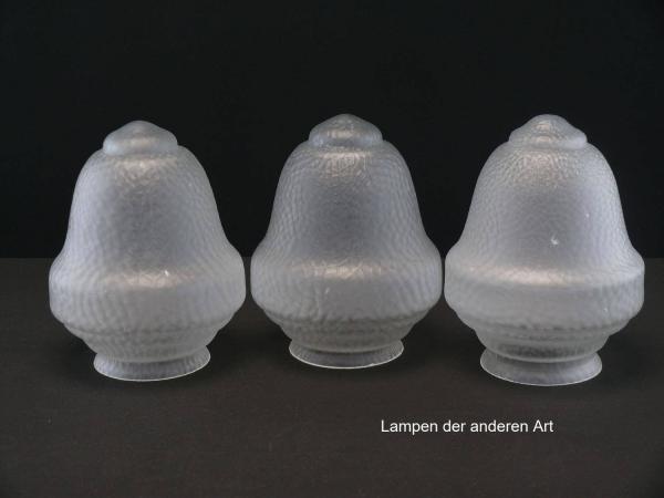 3-er Set Jugendstil Lampenschirm gebraucht, Glas grau satiniert, genarbte Oberflächenstruktur, Zapfenform teils geschnürte Wandung, Nostalgie Ersatzglas, D: ca.13cm, H: ca.16cm, Glashalter Griffrand Ø8cm