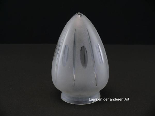 5-er Set Jugendstil Lampenschirm gebraucht, grau satiniert, Wandung in zweifachem Rapport mit Oliven- bzw. Strahlenschliff verziert, Spitze vierfach angeschliffen, Nostalgie Ersatzglas, D: ca.11cm, H: ca.16cm, Glashalter Griffrand Ø8cm, Detail Schliff