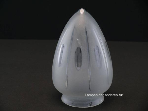 5-er Set Jugendstil Lampenschirm gebraucht, grau satiniert, Wandung in zweifachem Rapport mit Oliven- bzw. Strahlenschliff verziert, Spitze vierfach angeschliffen, Nostalgie Ersatzglas, D: ca.11cm, H: ca.16cm, Glashalter Griffrand Ø8cm, einzeln