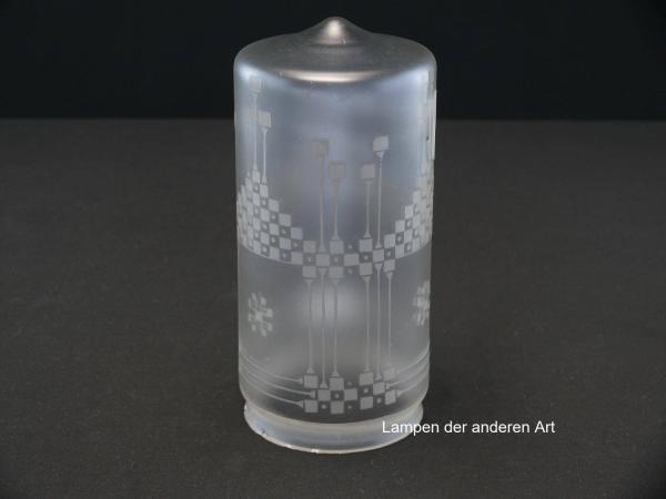 Jugendstil Lampenschirm gebraucht, antikes Glas grau satiniert, rundum mit Ätzdekor verziert, gerader Zylinder mit kurzem Dorn im Boden, Ersatzglas für alte Lampen, D: ca.8,5cm, H: ca.16,5cm, Glashalter Griffrand Ø8cm