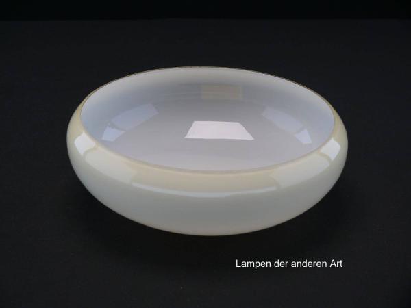 3-er Set Art Deco Lampenschale gebraucht, Glas, hellgelb außen, weiß innen, glatte glänzende Oberfläche, Nostalgie Ersatzglas, D: ca.19,5cm, H: ca.7cm, ohne Glashalter Griffrand, Loch  Ø45mm, einzeln von innen