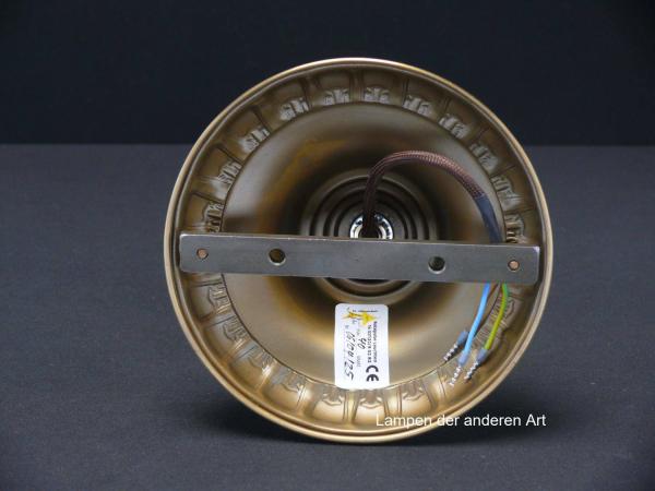 Jugendstil-Deckenlampenspot, Messing patiniert, originale E27-Messingfassung, becherförmige Kapsel als Blütenkelch, Glühlampe stellt die Blüte dar, von unten