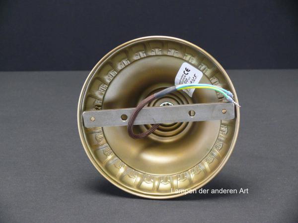 Jugendstil-Deckenlampenspot, Messing patiniert, originale E27-Messingfassung, becherförmige Kapsel als Blütenkelch, Glühlampe stellt die Blüte dar, von unten