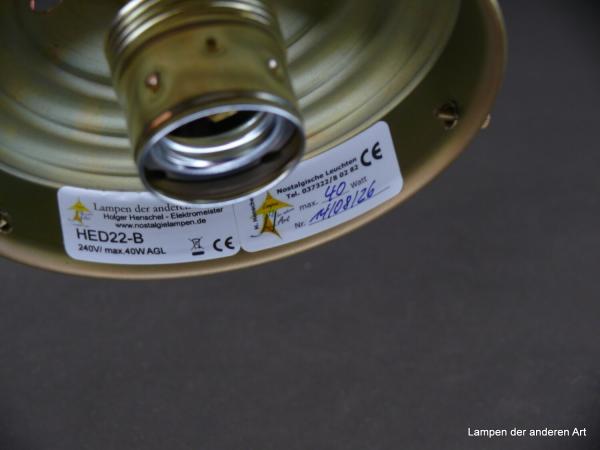tolle Jugendstil Deckenleuchte für Gläser mit Glashalter Griffrand Ø12,5cm, Sockel mit schlichtem Perlstabfries verziert, Metallfassung 1xE27/40W, Typenschild