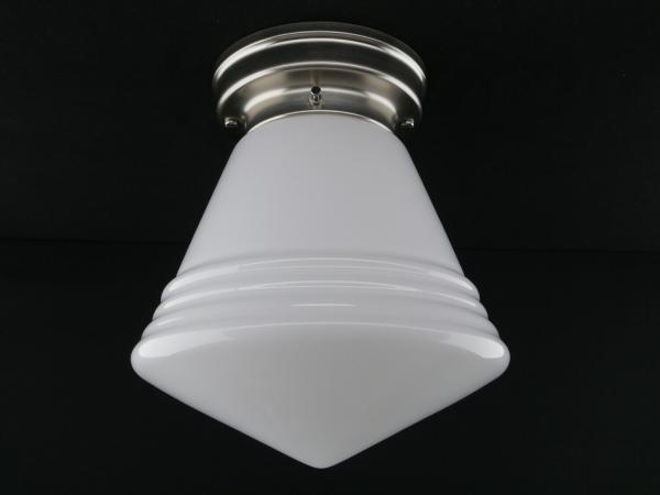 Art Deco-Deckenleuchte aus Messing matt vernickelt mit großem Spitzzylinder Schirm in weiß Griffrand 8cm 1xE27/40W