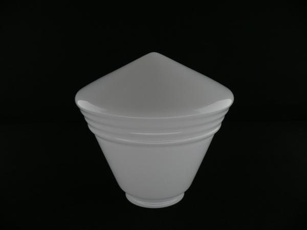 Art Deco Lampenschirm, Nachbildung eines antiken Lampenglases dieser Zeit, opal weißer geschlossener Glaszylinder, kreiselförmig, am konisch geweiteten Wandungsteil mit vier Rillen umlaufend reliefiert, Schirmboden läuft mittig in einer Spitze aus