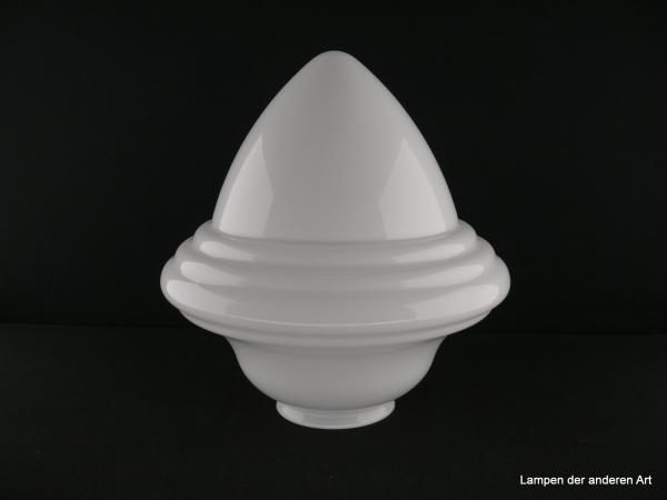 Jugendstil Lampenschirm, verzierter Zapfenschirm, breite Schulter über drei Stufen spitz zulaufend, Glas weiß opal, D: ca. 15cm, H: ca. 15cm, Nostalgie Ersatzschirm, Glashalter Griffrand 8cm