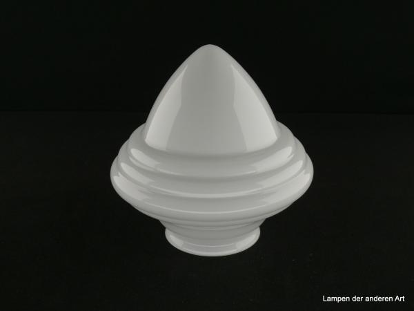 Jugendstil Lampenschirm, verzierter Zapfenschirm, breite Schulter über drei Stufen spitz zulaufend, Glas weiß opal, D: ca. 27cm, H: ca. 30cm, Nostalgie Ersatzschirm, Glashalterand Griffrand 10cm