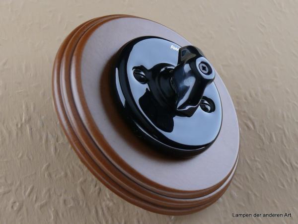 Garby Colonial Aus-Wechsel Porzellandrehschalter schwarz im Einfachrahmen Holz Buche honigfarben Knebel Retro schwarz