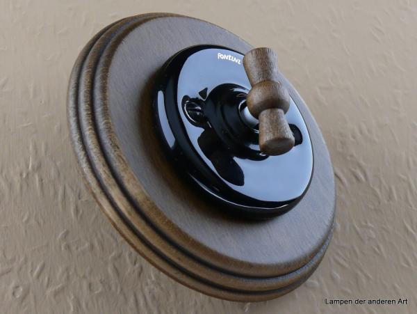 Garby Colonial Aus-Wechsel Porzellandrehschalter schwarz im Einfachrahmen Holz Buche gealtert Knebel Buche gealtert