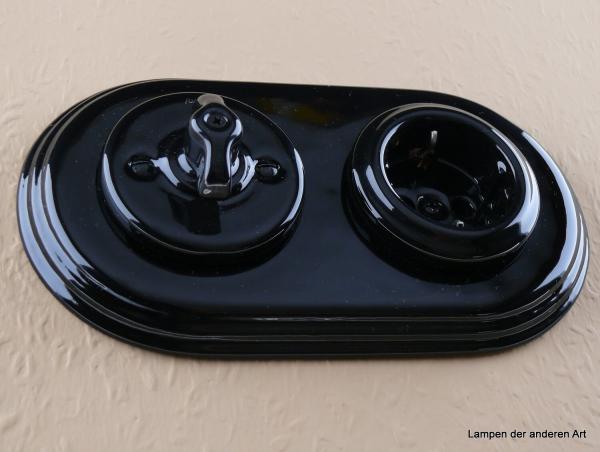 Garby Colonial 2fach Kombination   Aus-Wechsel-Porzellandrehschalter schwarz  Knebel Porzellan retro schwarz Steckdoseneinsatz Porzellan schwarz