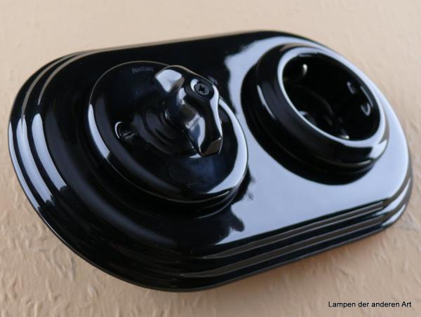 Garby Colonial 2fach Kombination   Aus-Wechsel-Porzellandrehschalter schwarz  Knebel Porzellan retro schwarz Steckdoseneinsatz Porzellan schwarz, seitlich