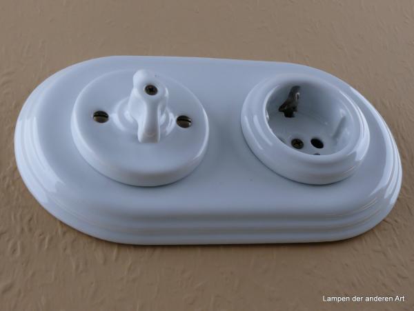 Garby Colonial 2fach Kombination,   Aus-Wechsel-Porzellandrehschalter weiß,  Knebel Porzellan retro weiß, Steckdoseneinsatz Porzellan weiß