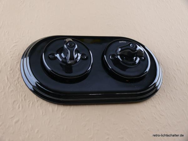 Garby Colonial 2fach Kombination, zwei Aus-Wechsel-Porzellandrehschalter schwarz,  Knebel Porzellan schwarz Retroform