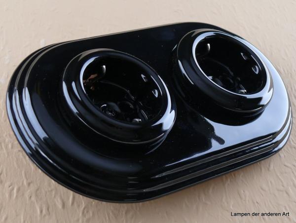 Garby Colonial 2fach Steckdose Porzellan schwarz, 2fach Rahmen Porzellan schwarz, seitlich