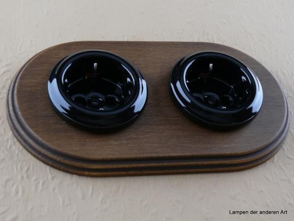 Garby Colonial 2fach Steckdose Porzellan schwarz, 2fach Rahmen Holz Buche gealtert