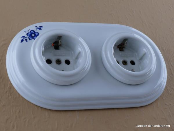 Garby Colonial 2fach Steckdose Porzellan weiß, 2fach Rahmen Porzellan weiß Dekor