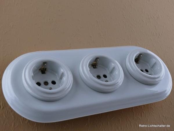 Garby Colonial 3fach Steckdose Porzellan weiß, 3fach Rahmen Porzellan weiß, seitlich