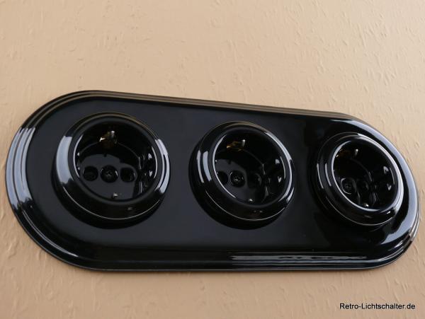 Garby Colonial 3fach Steckdose Porzellan schwarz, 3fach Rahmen Porzellan schwarz