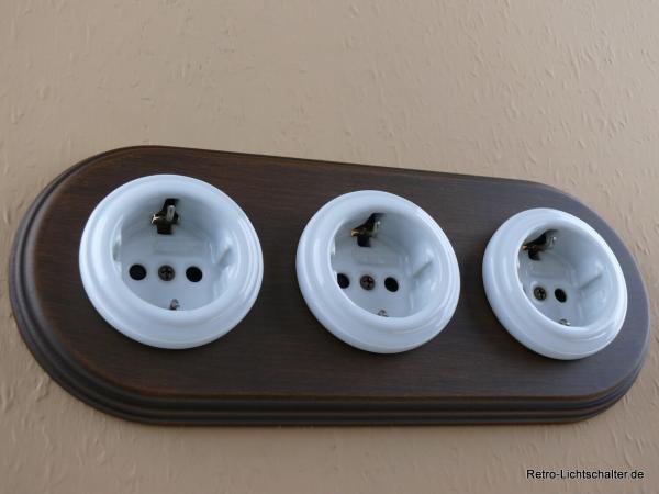 Garby Colonial 3fach Steckdose Porzellan weiß, 3fach Rahmen Holz Buche gealtert