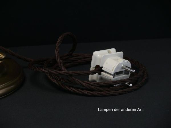 antike aufgearbeitete Pilzleuchte mit typischem Art Deco Glas, Gestell aus hell patiniertem Messing, Mittelsäule mit drei stilisierten Fabeltieren 1xW27/40W, Detail Anschlussschnur