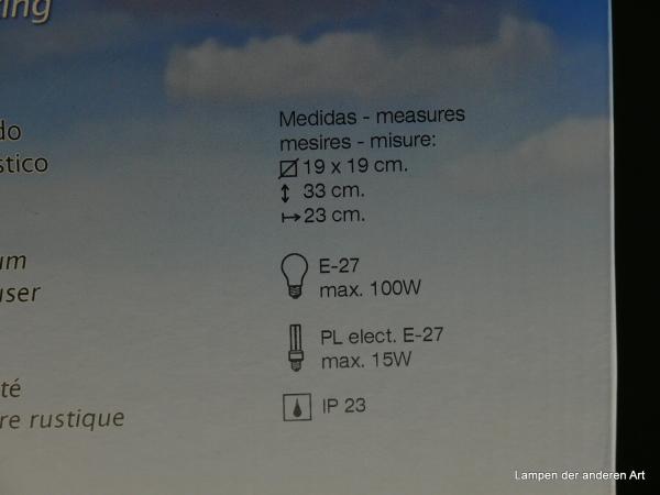 Origialkarton für die Außenleuchte, Detail technische Daten